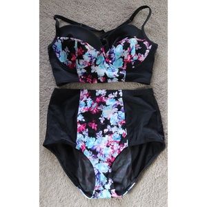 Torrid High Waist Bikini Swimsuit | Black with Floral Print | Size 0 | Plus Size